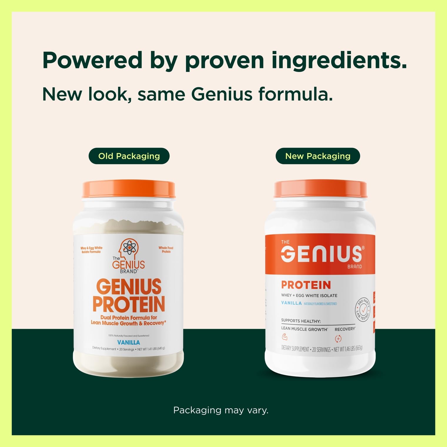 Scooped Genius Protein Powder Vanilla on a white surface