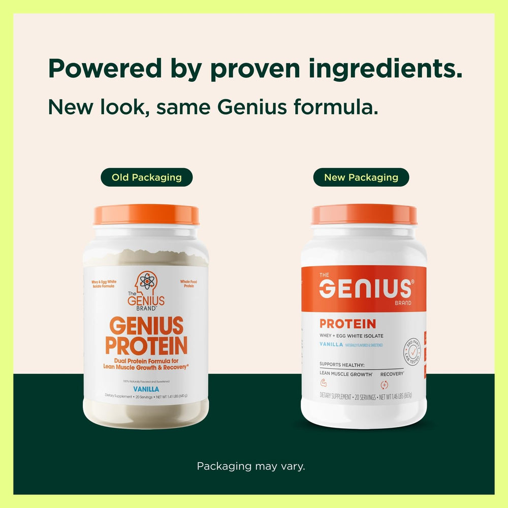 Genius Protein Powder Vanilla tub with scoop ready for post-workout shakes.