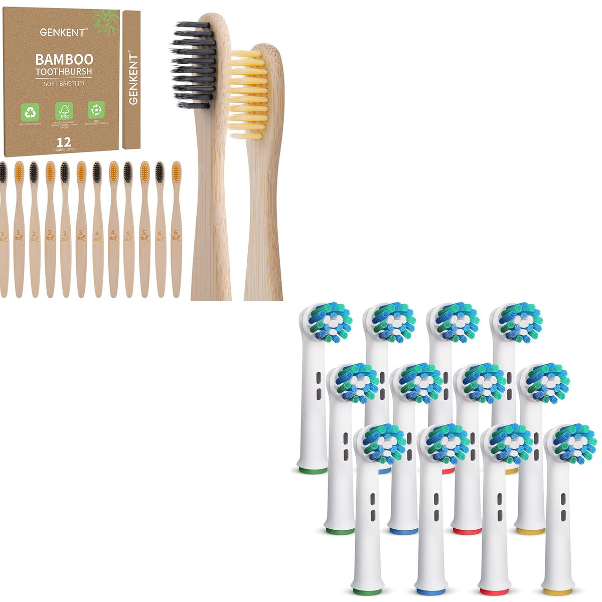 Front view of GENKENT 12-count bamboo toothbrushes
