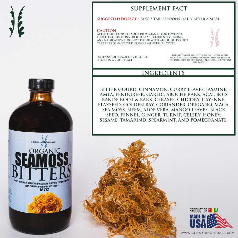 Bladderwrack sea moss, beet root, turmeric, ginseng, suma roots displayed
