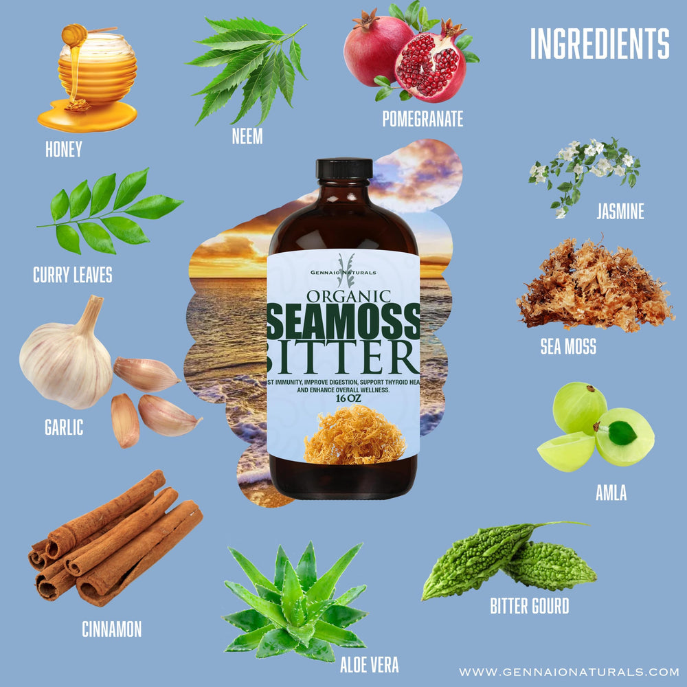 Gennaio Naturals Seamoss Bitters product packaging and bottle