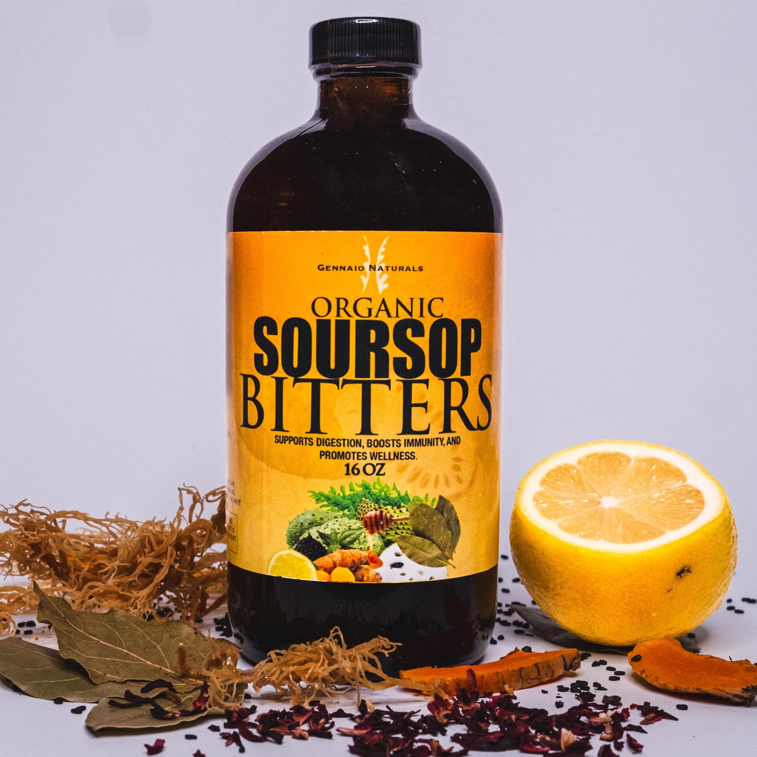 Gennaio Naturals soursop bitters bottle highlights a natural detox and vitality-supporting ritual.