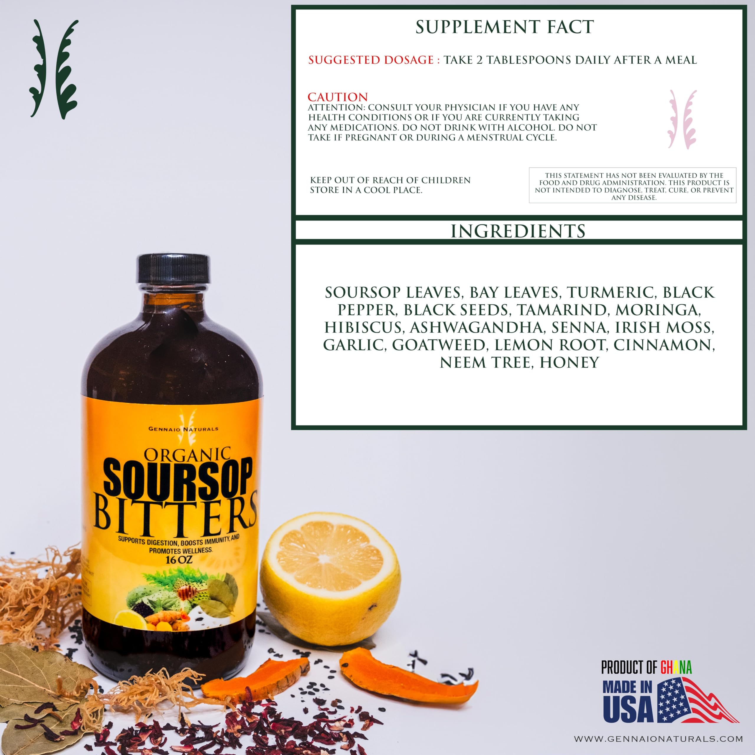 Gennaio Naturals soursop bitters pour demonstrates convenient daily use for holistic health.