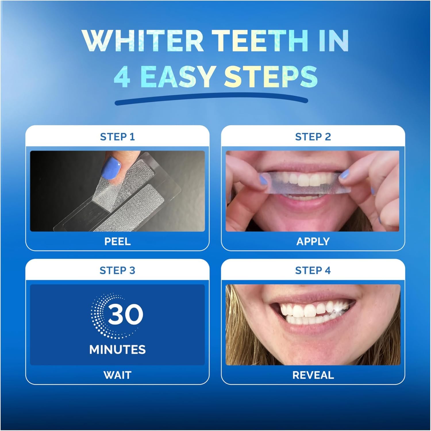 Close up of gentle whitening strips applied to teeth