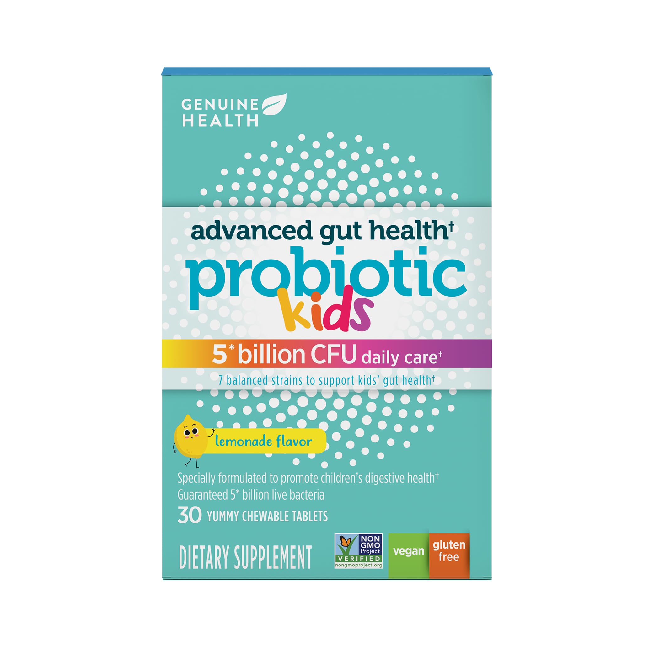 Bottle of Genuine Health Kid's Daily Probiotic with Lemonade flavor, 30 chewables