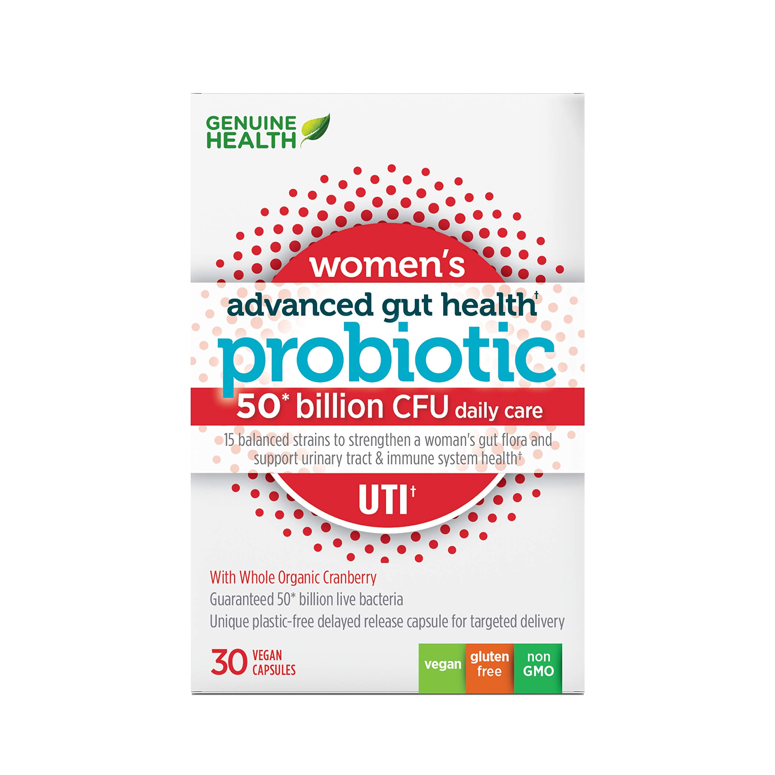 Front view of Genuine Health Women's Daily Probiotic bottle for UTI support