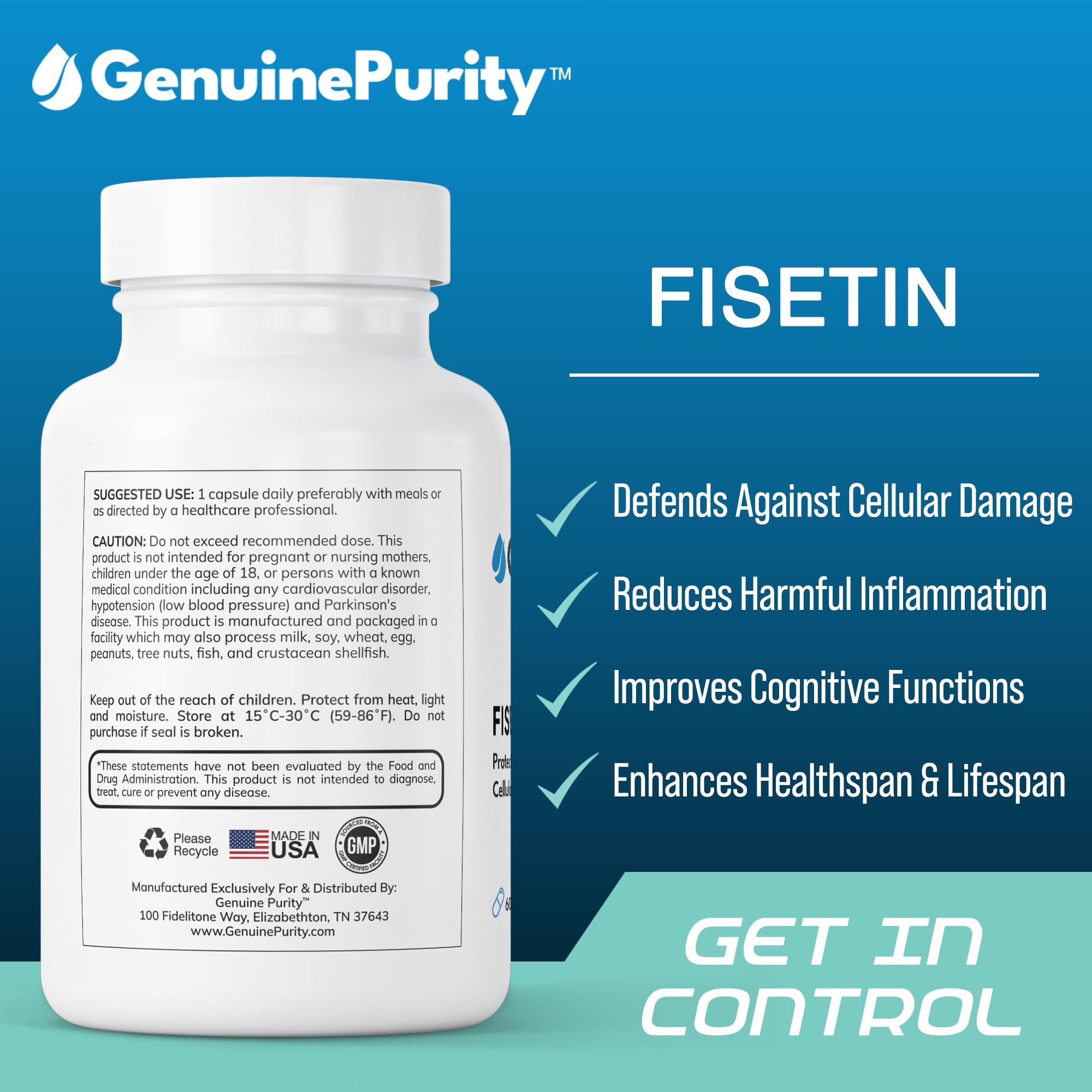GenuinePurity Fisetin 150mg bottle label close-up