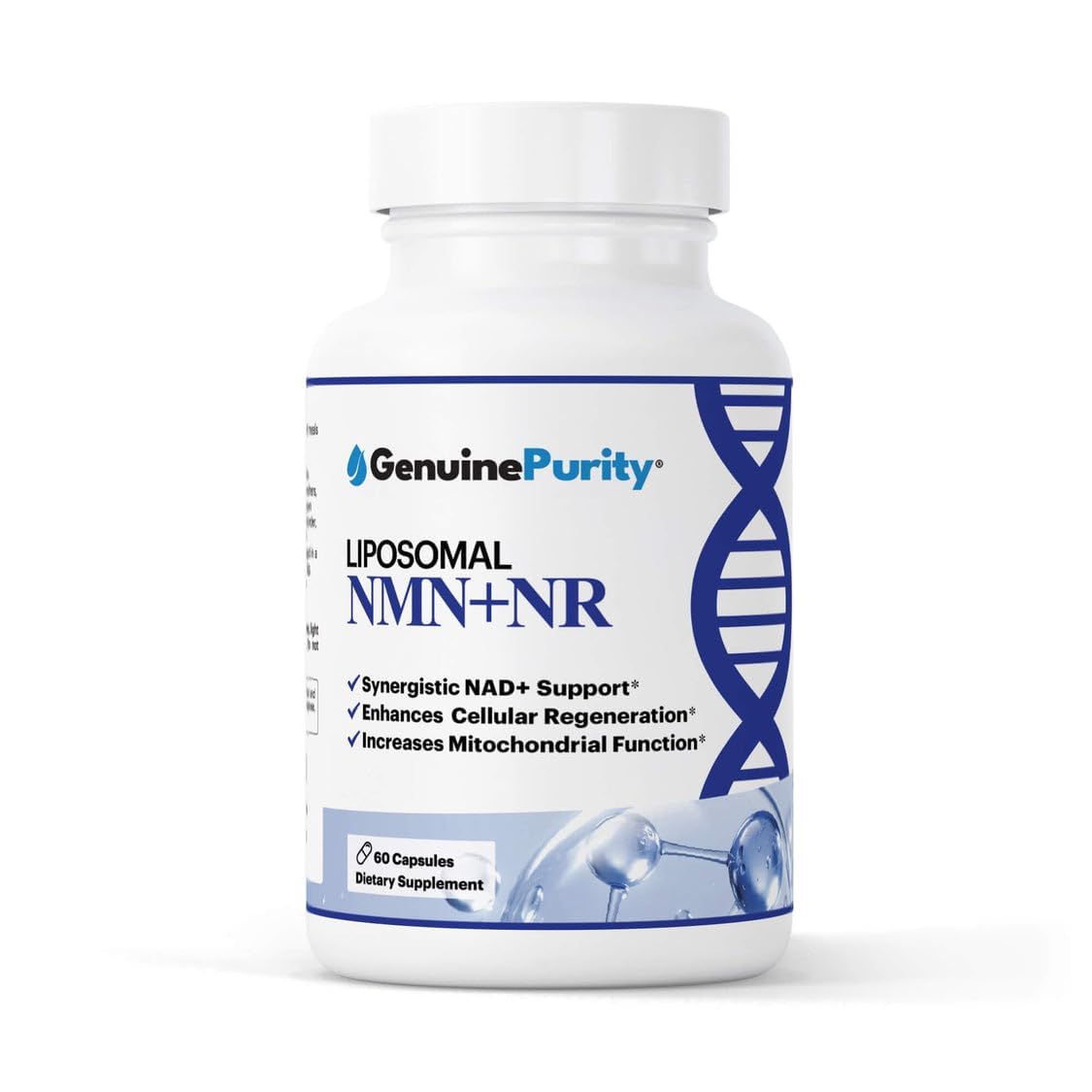GenuinePurity liposomal NMN NR bottle close-up emphasizing enhanced absorption for daily vitality