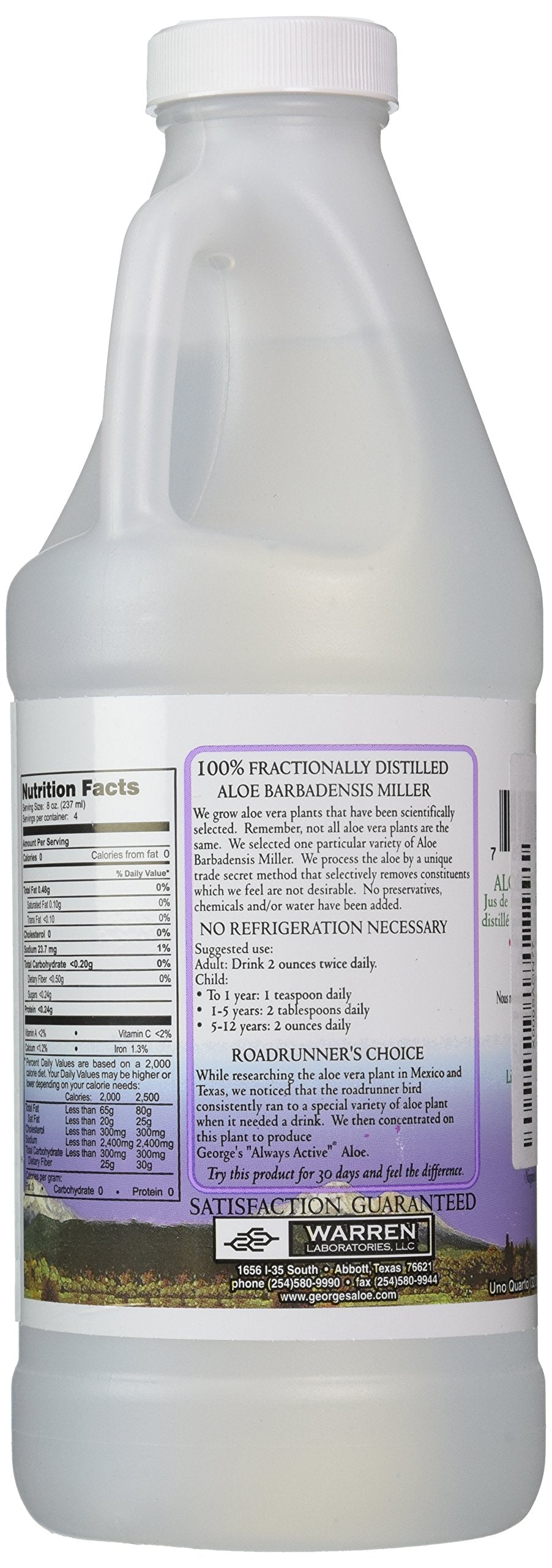Georges Aloe Vera Drink back label with nutrition information