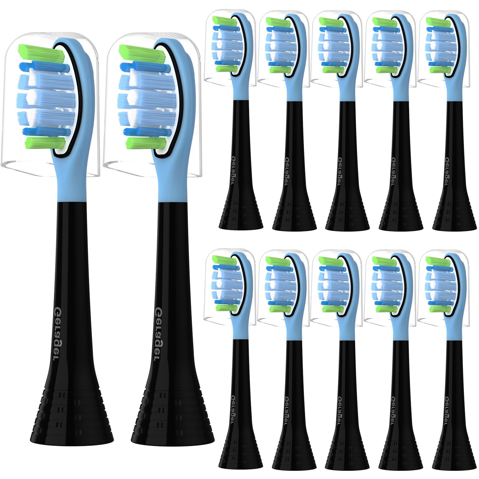 GERAGER 12-pack toothbrush heads for Philips Sonicare C3/C2/W2 – Black, front view