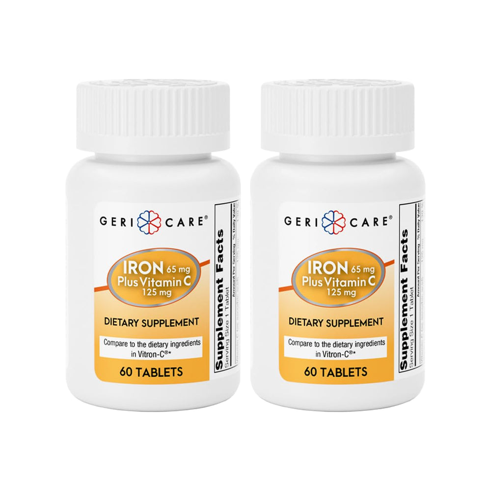 GeriCare Iron 65mg + Vitamin C 125mg tablets bottle label