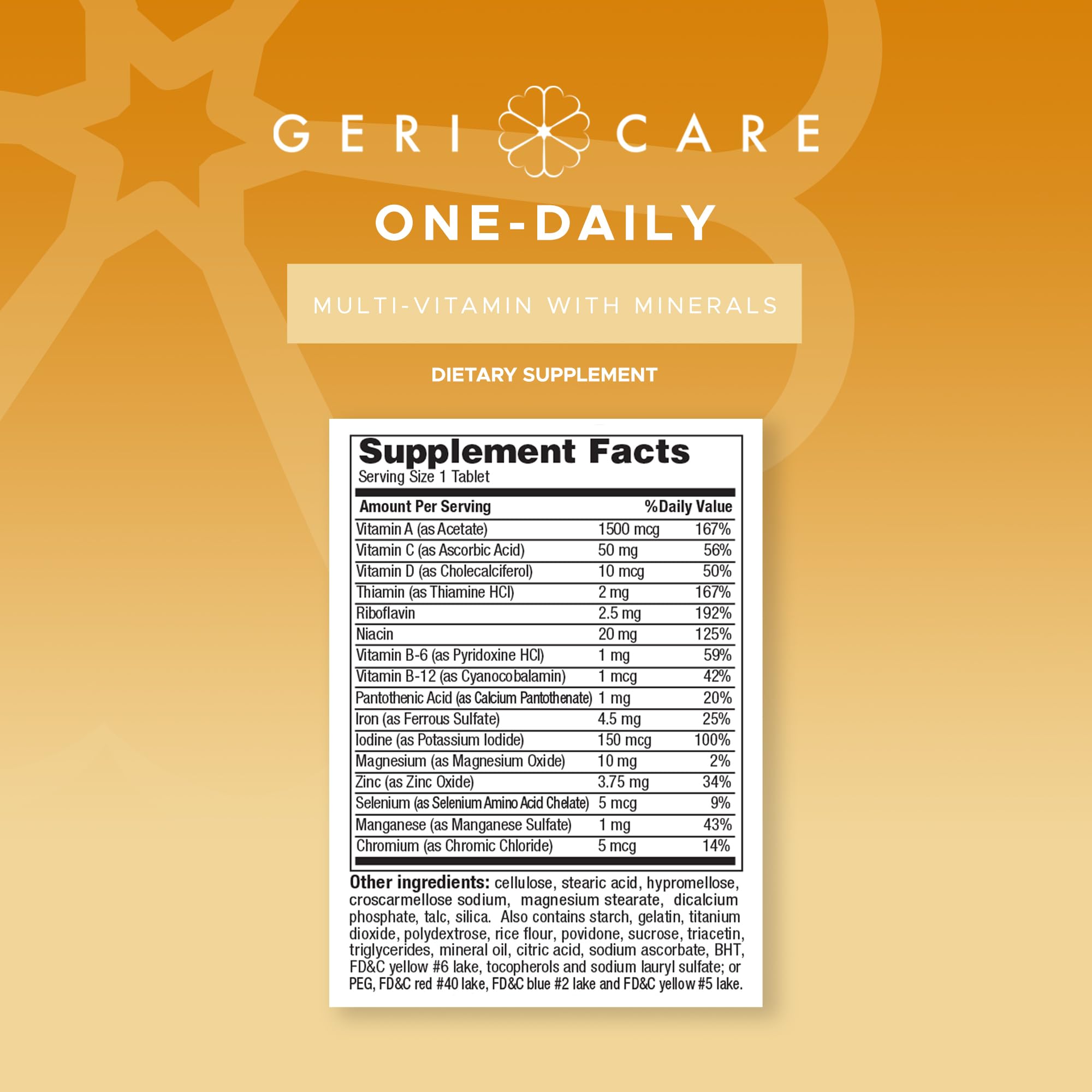 Packaging of GeriCare 200-count dietary supplement bottle