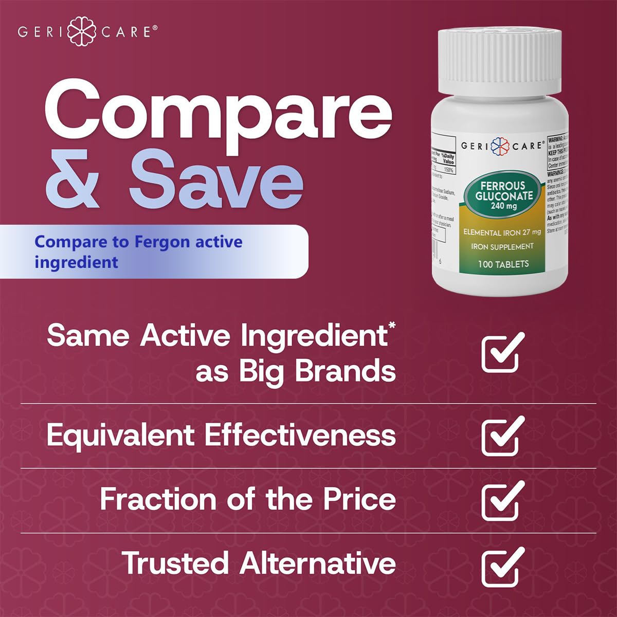 Ferrous gluconate iron supplement tablets on white background