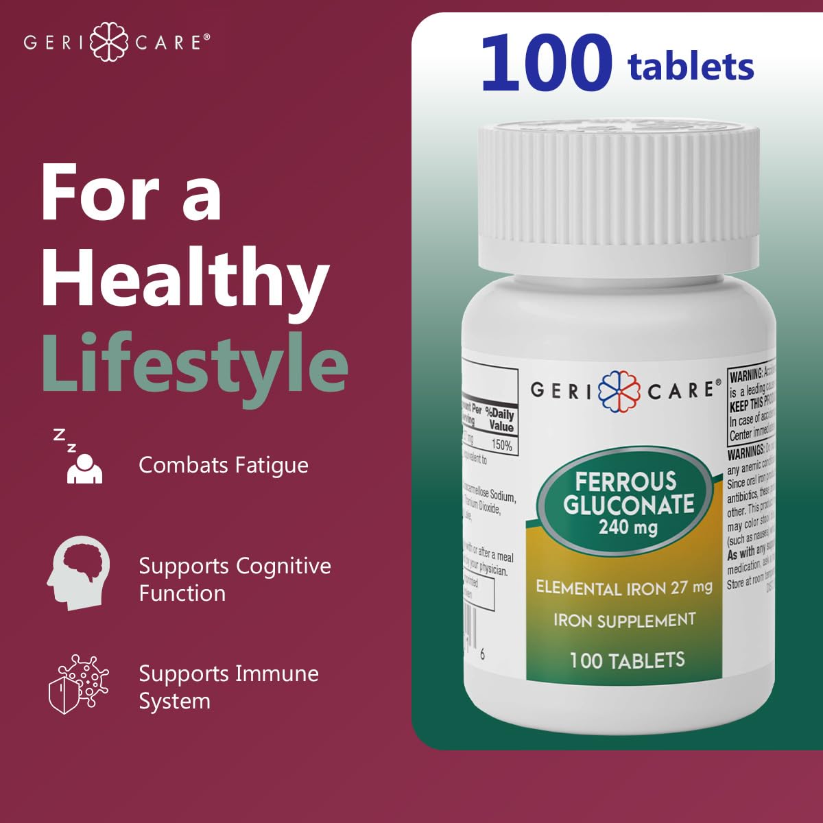 Close-up of iron supplement bottle and label