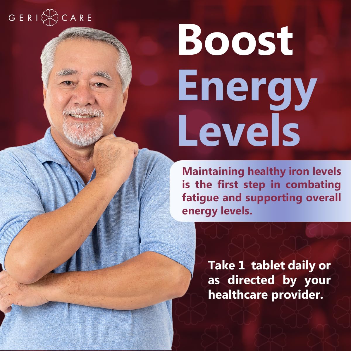 Nutrition facts label on Gericare Iron bottle