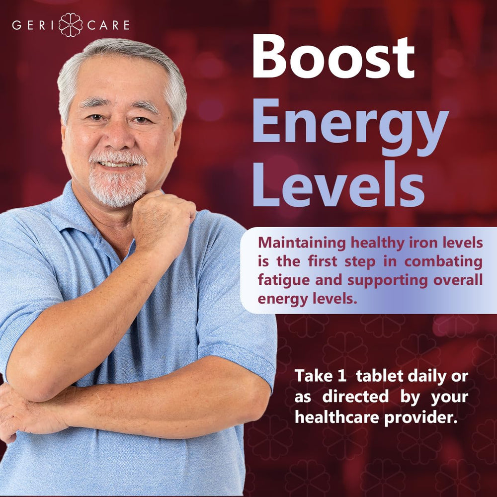 Nutrition facts label on Gericare Iron bottle