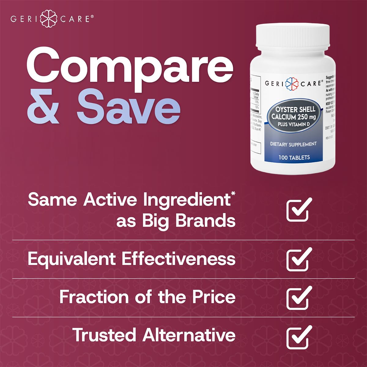 Close-up of Gericare calcium and vitamin D tablet label