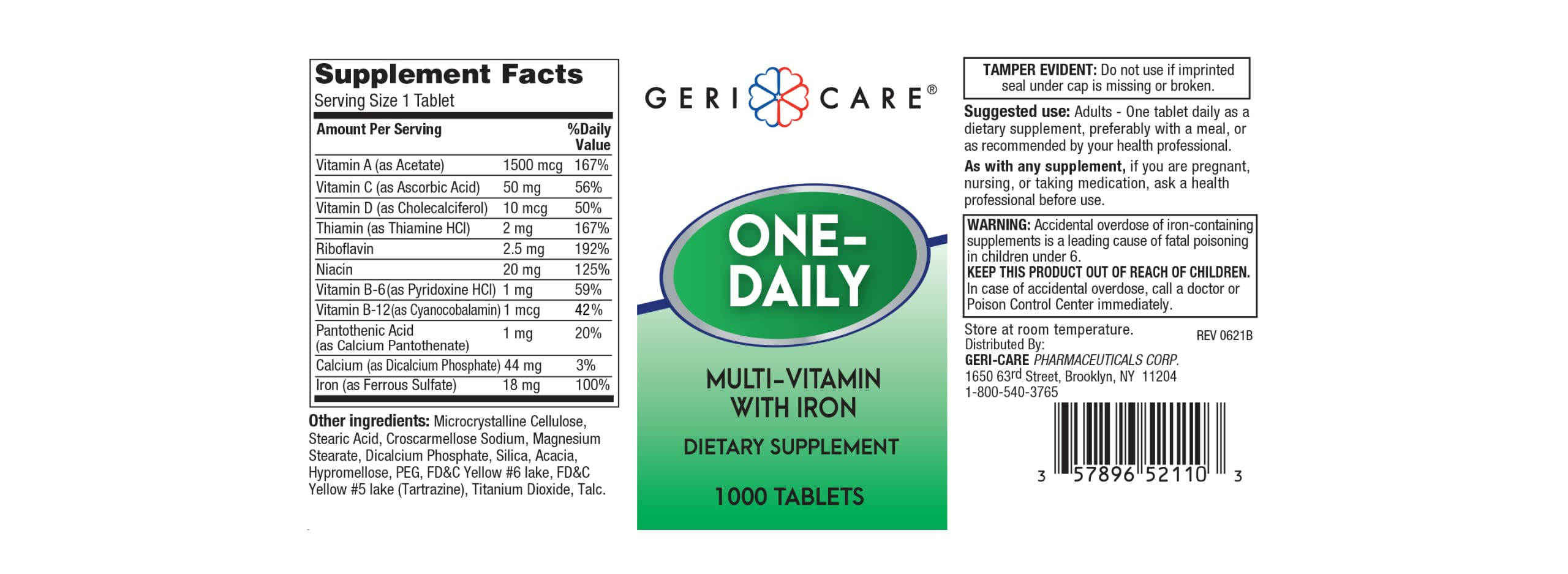 GeriCare One-Daily Multi-Vitamin with Iron bottle label