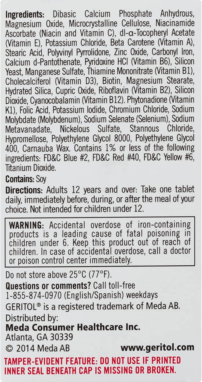 Nutrition facts panel for Geritol Complete Tablets