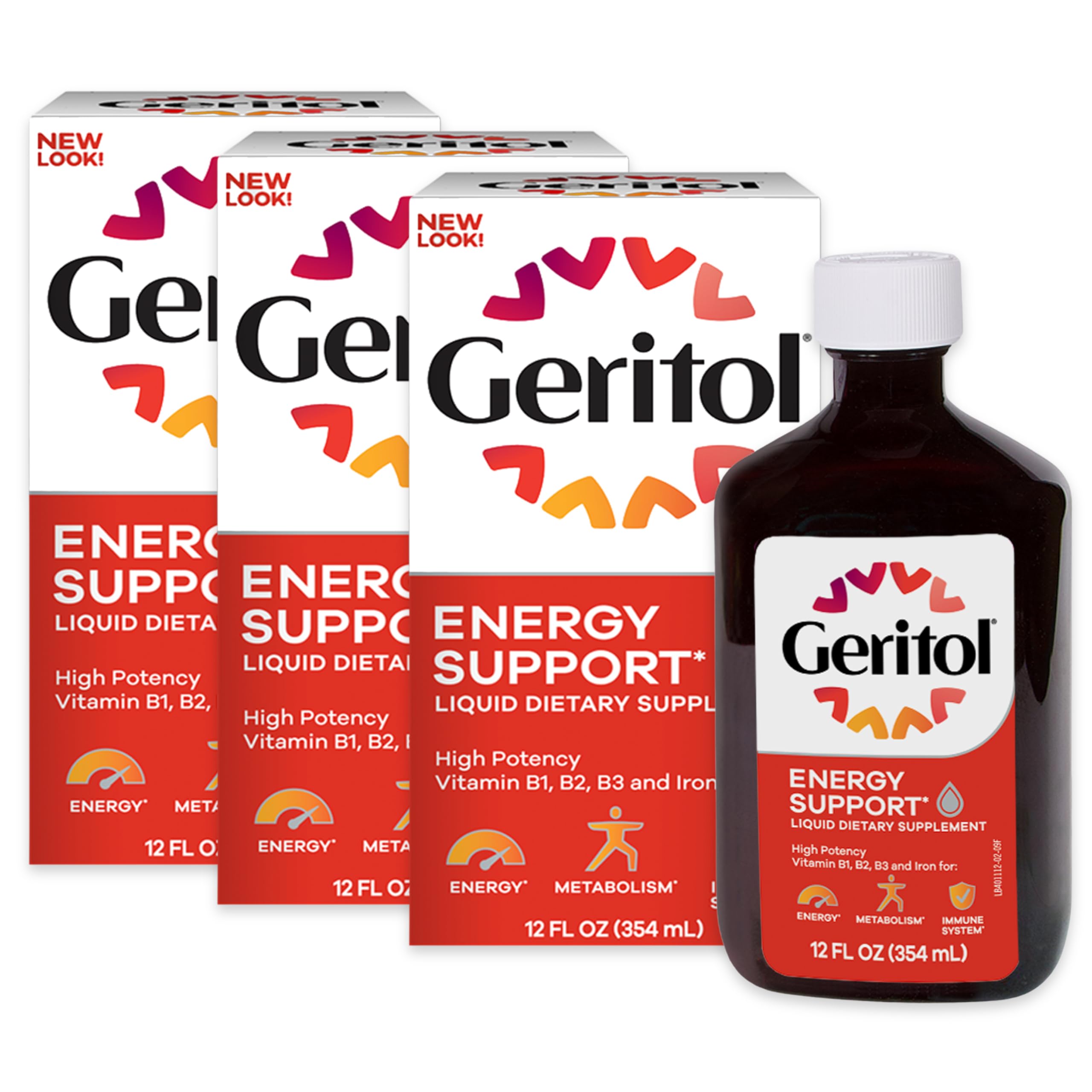 Geritol Liquid Energy bottle pour for easy daily energy support.