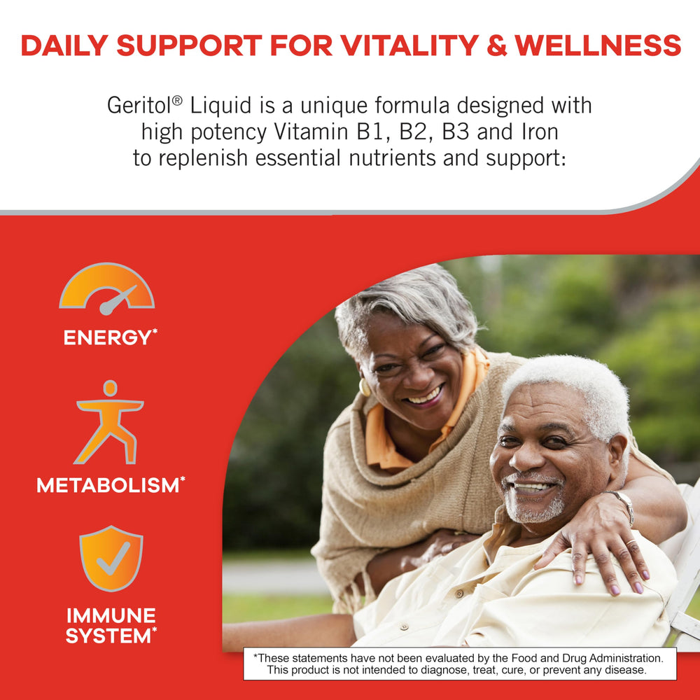 Geritol Liquid Iron bottle label highlights B-vitamins and iron support.