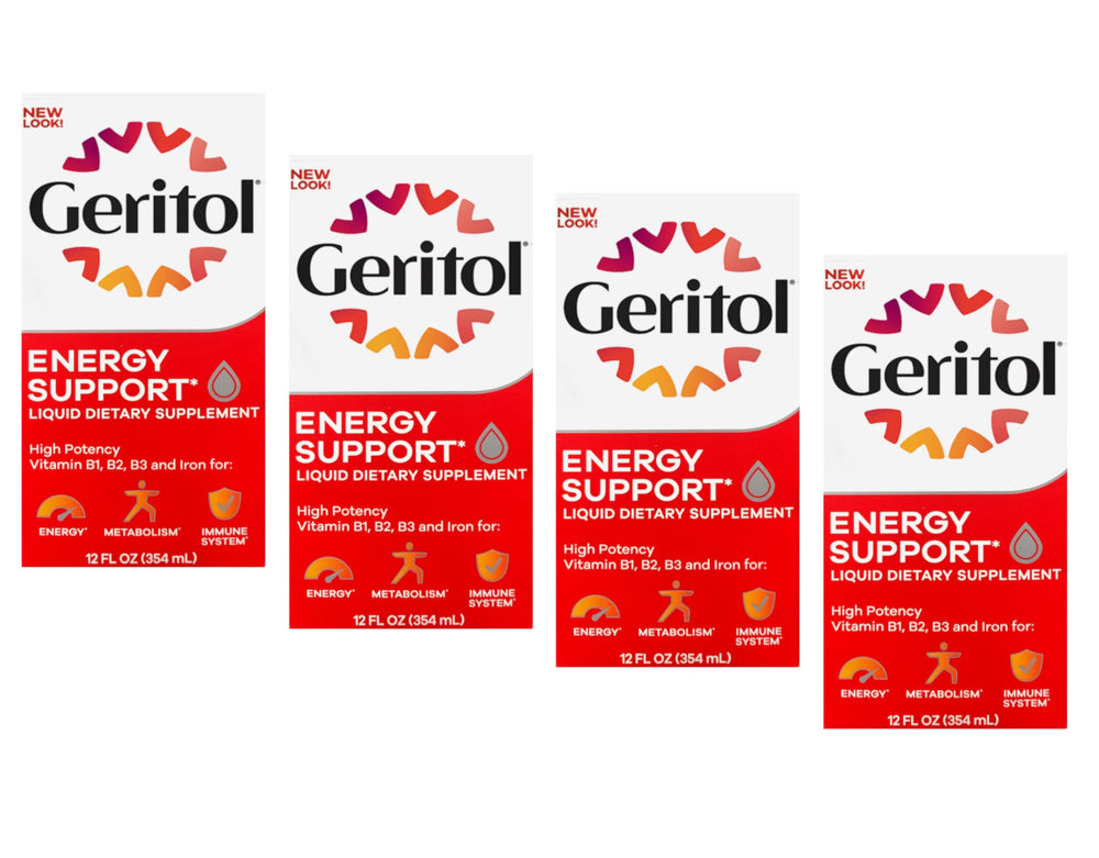 Geritol product display with bottles and packaging