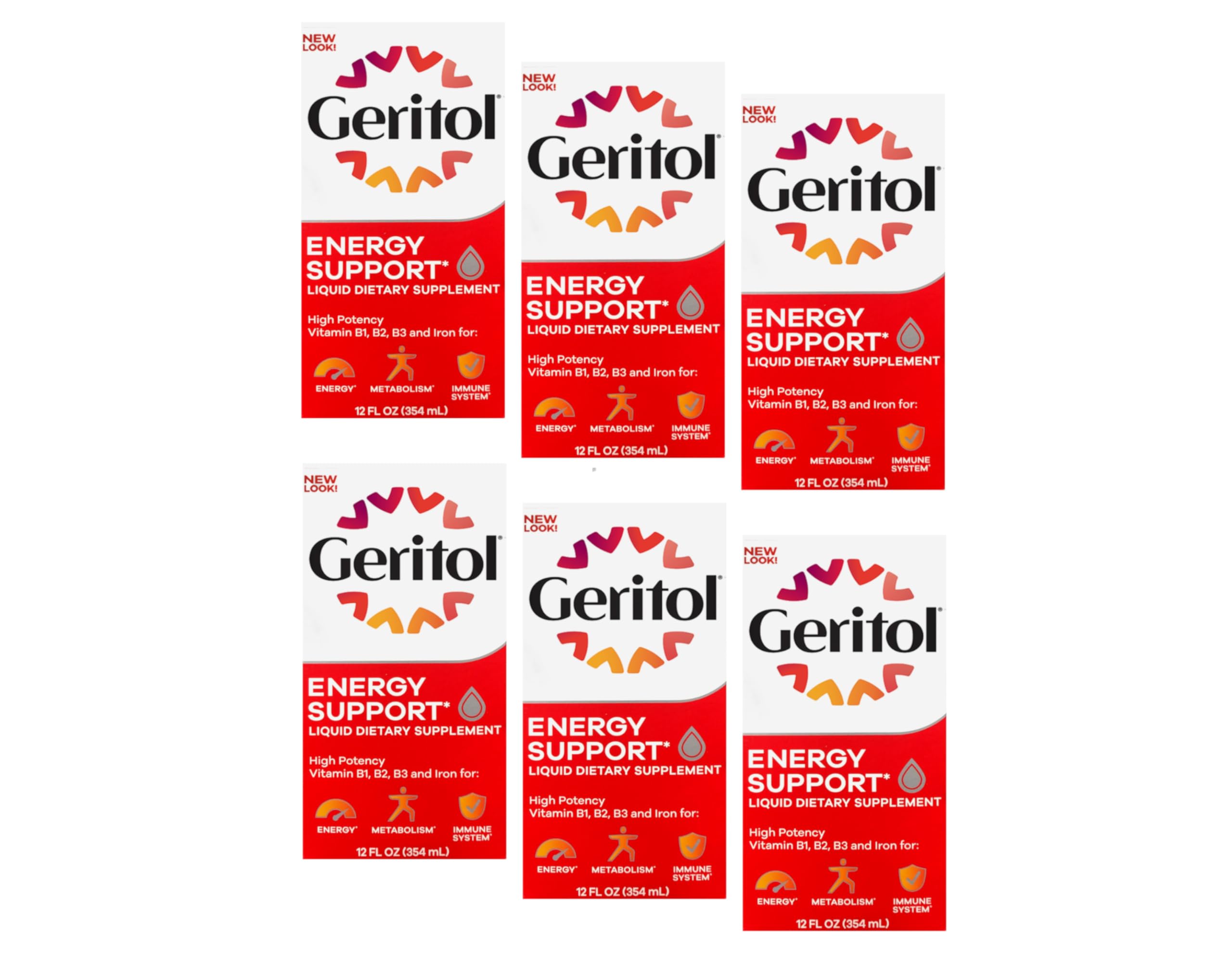 Geritol Liquid supplement bottle shows energy support after meals.
