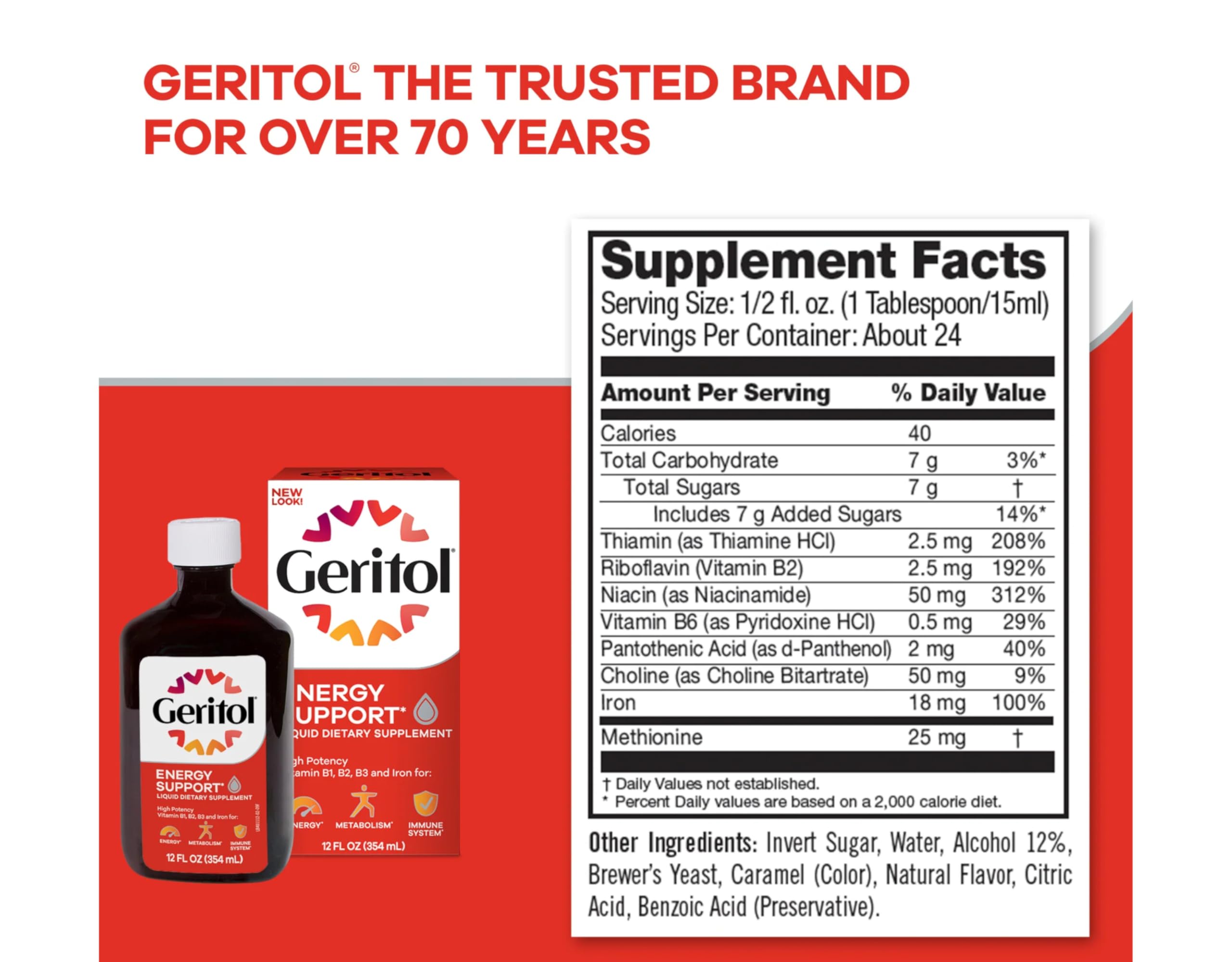 Geritol Liquid bottle with spoon demonstrates simple daily intake.