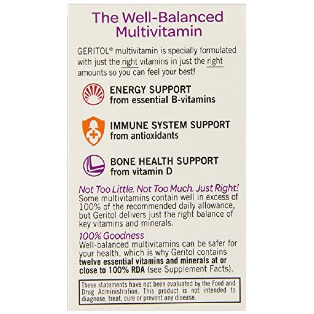 Back view of Geritol Complete Multi-Vitamin & Mineral Supplement with nutrition information