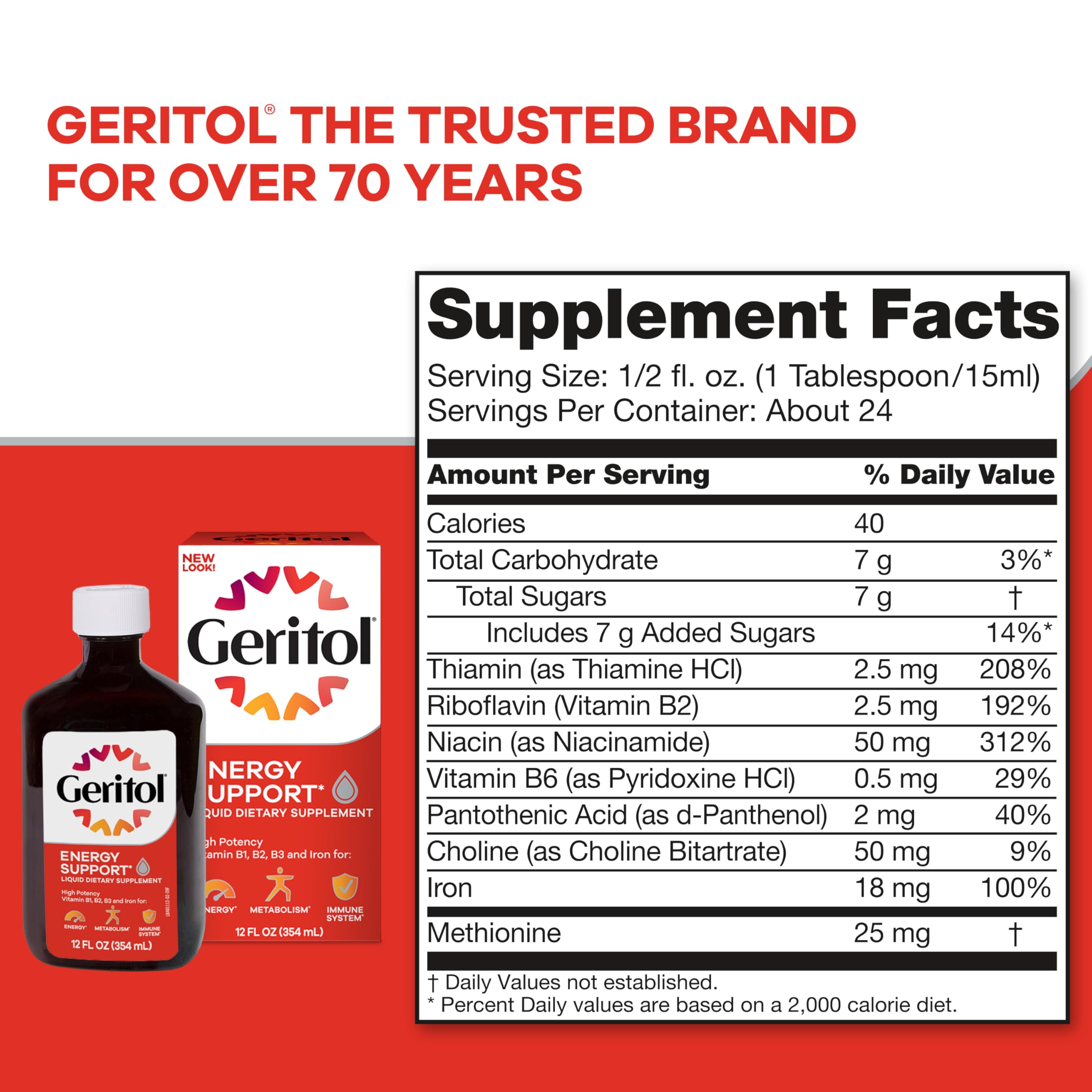 Non-GMO and no artificial sweeteners claim on Geritol packaging