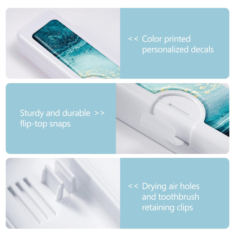 Closed travel case showing white base and colorful resin pattern