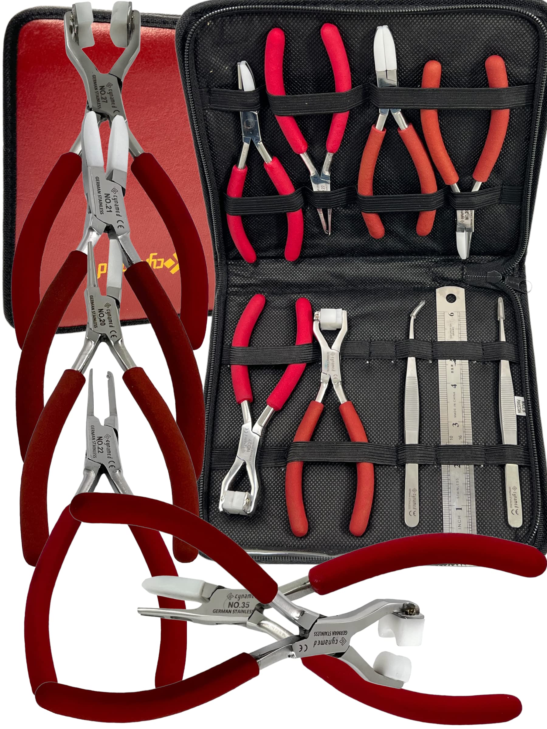 German 9-piece eyeglass tools pliers kit, front view