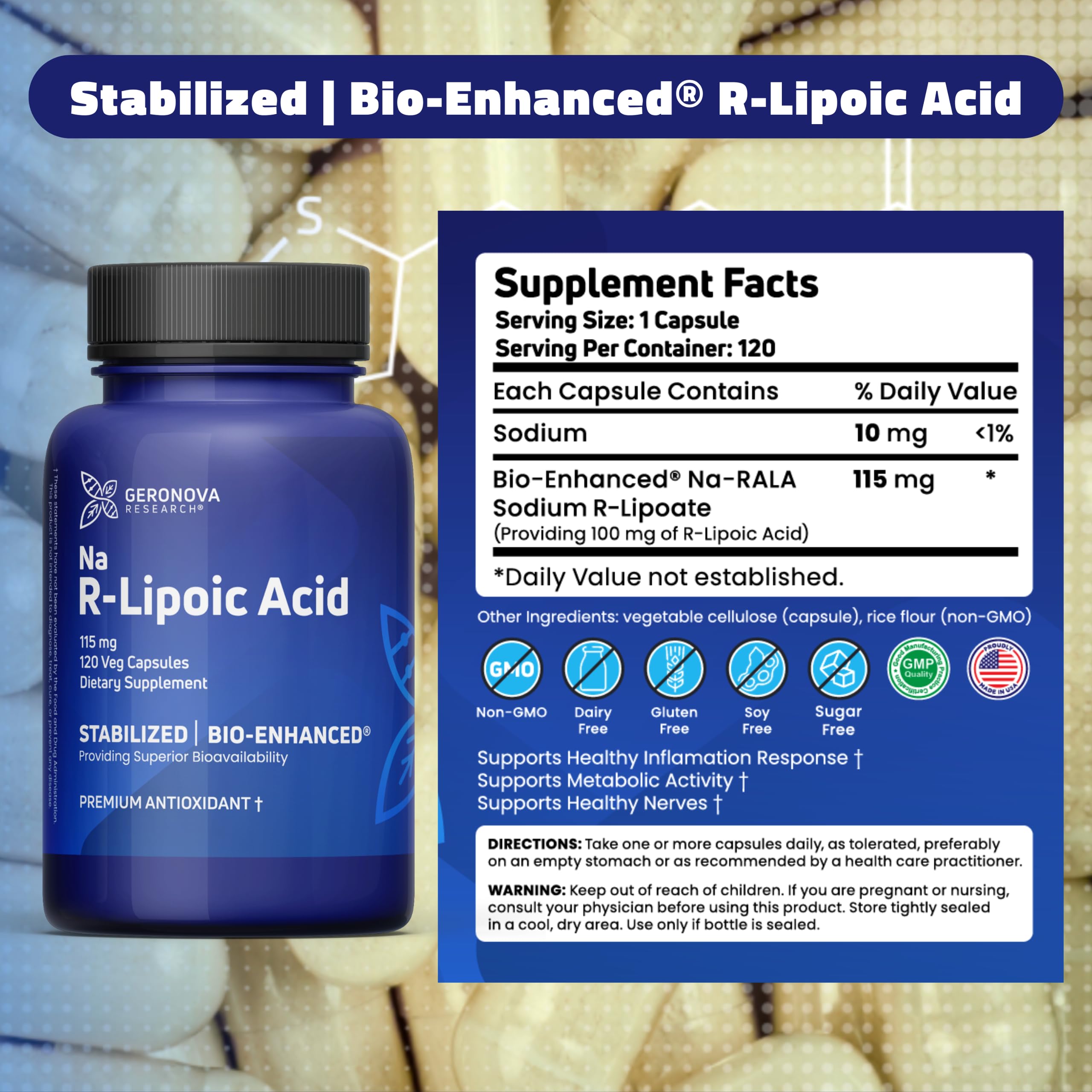 Close-up of 115 mg R-Lipoic Acid capsules in a 120-count bottle
