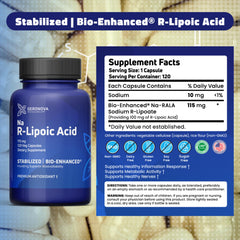 Close-up of 115 mg R-Lipoic Acid capsules in a 120-count bottle