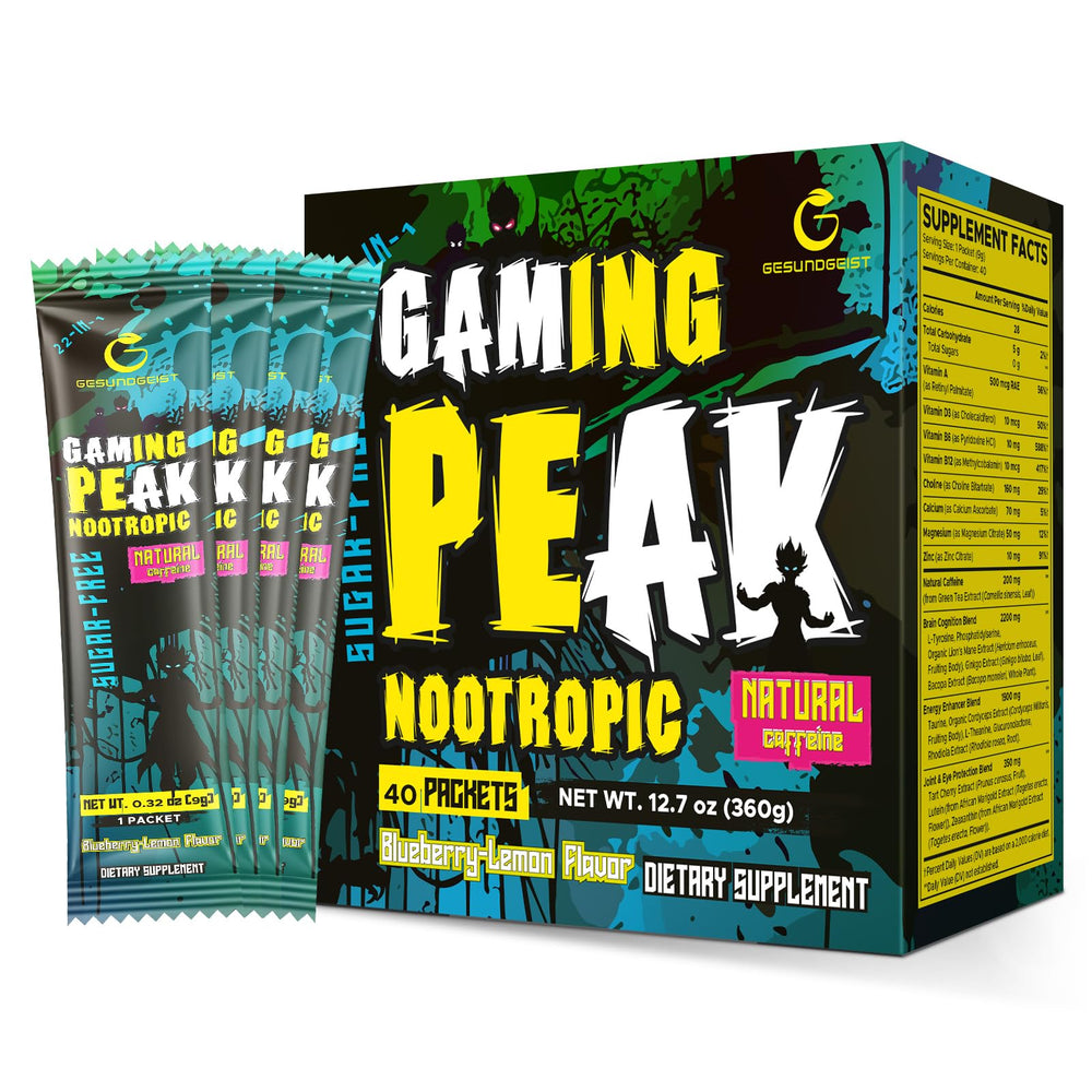 Gesundgeist Energy blueberry-lemon box front for sugar-free focus during gaming