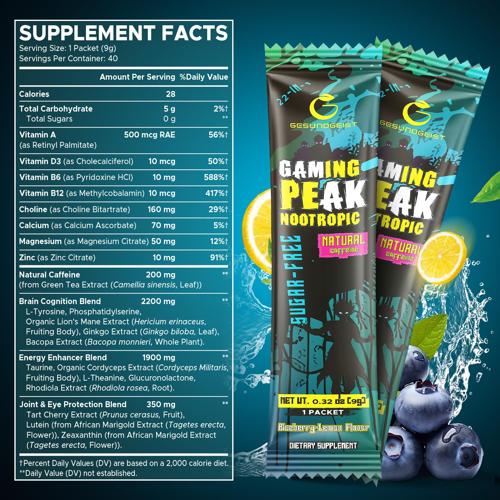 Gesundgeist Energy blueberry-lemon label sugar-free showing clean energy option