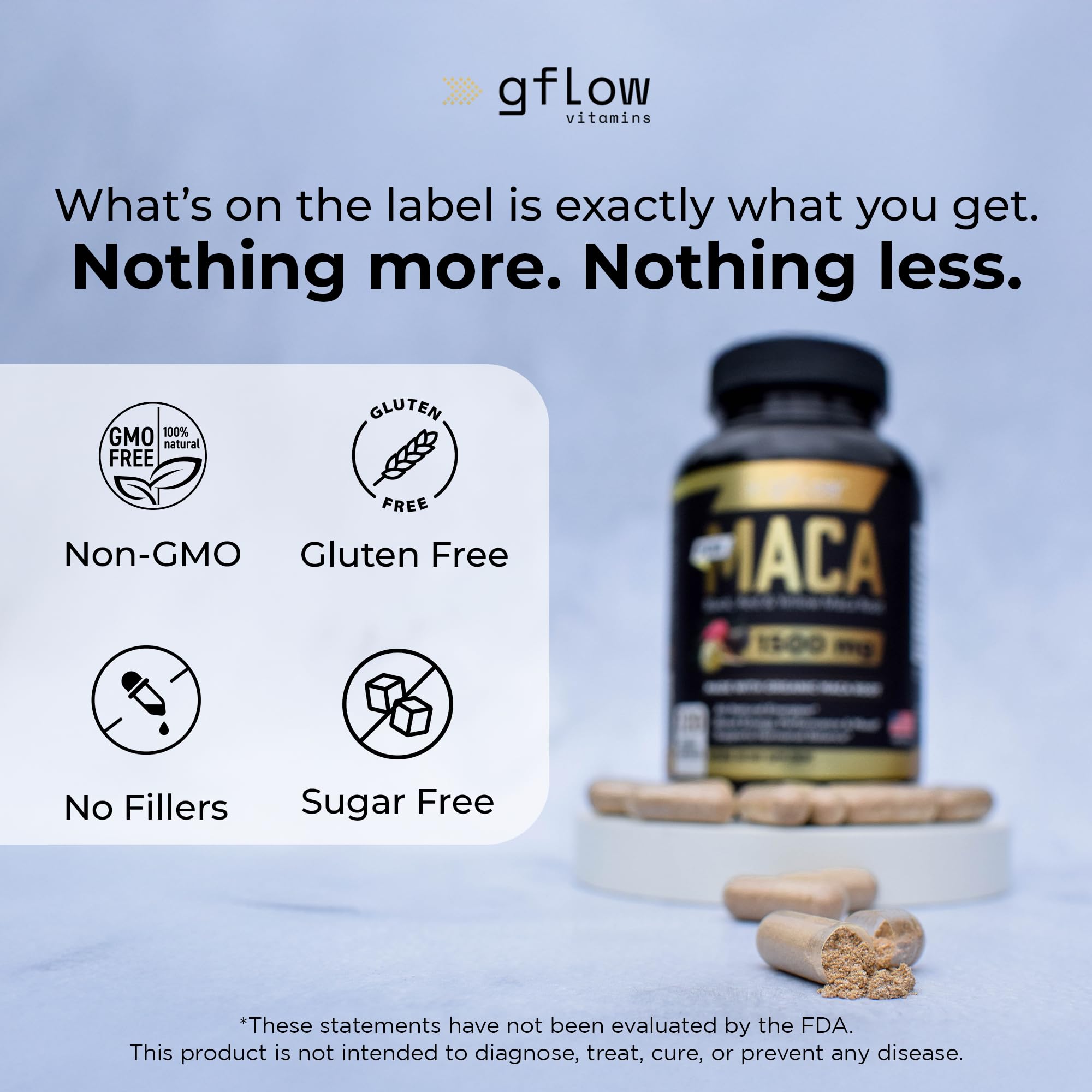 Non-GMO, gluten-free, sugar-free maca capsules