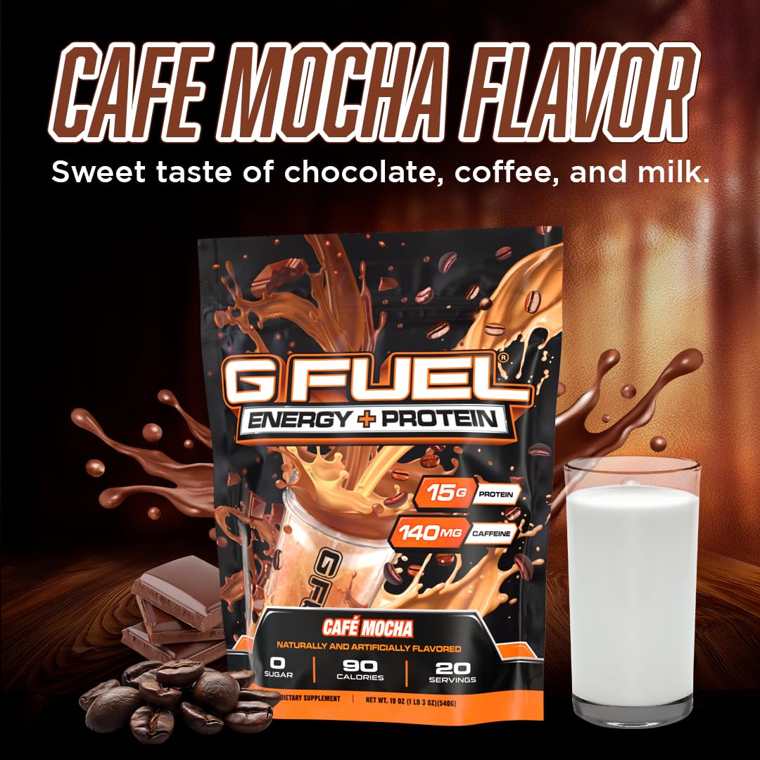 G Fuel Cafe Mocha powder jar beside a glass for study-day energy.