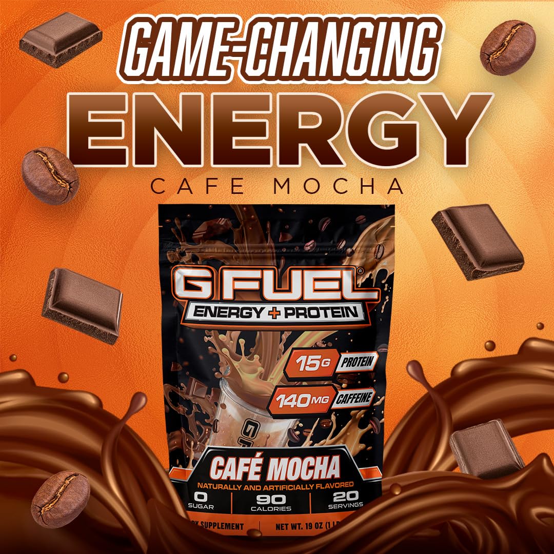 G Fuel Cafe Mocha shake cup highlighting sugar-free energy for gaming.