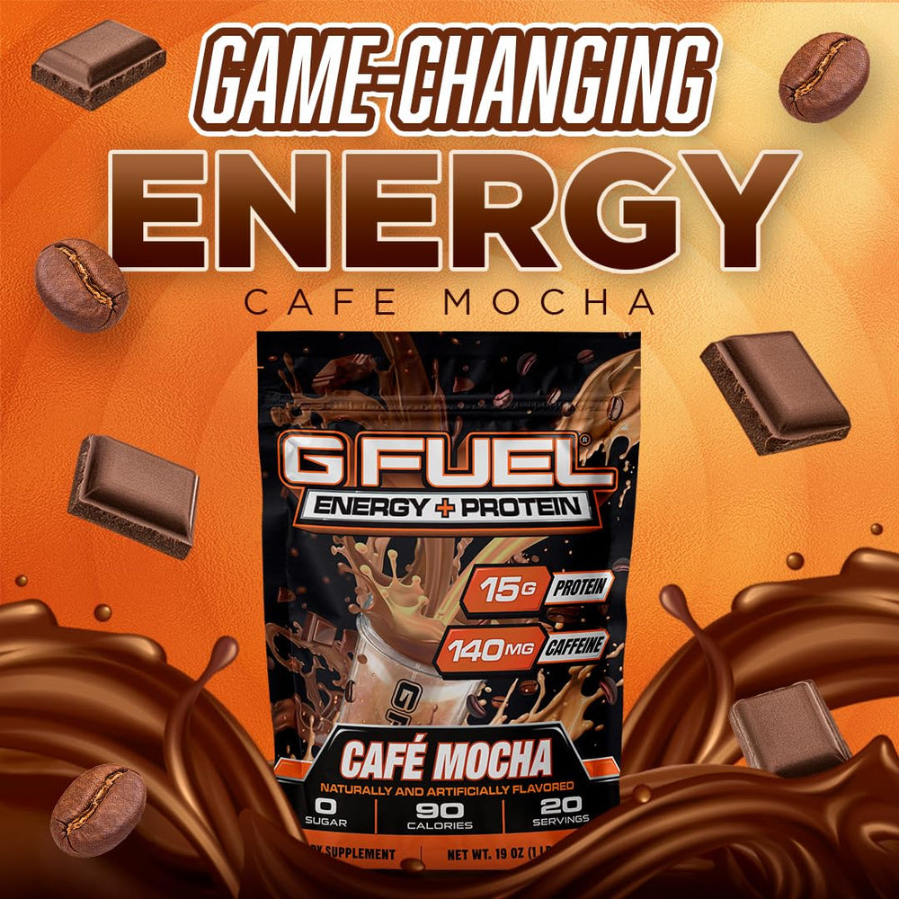 G Fuel Cafe Mocha shake cup highlighting sugar-free energy for gaming.