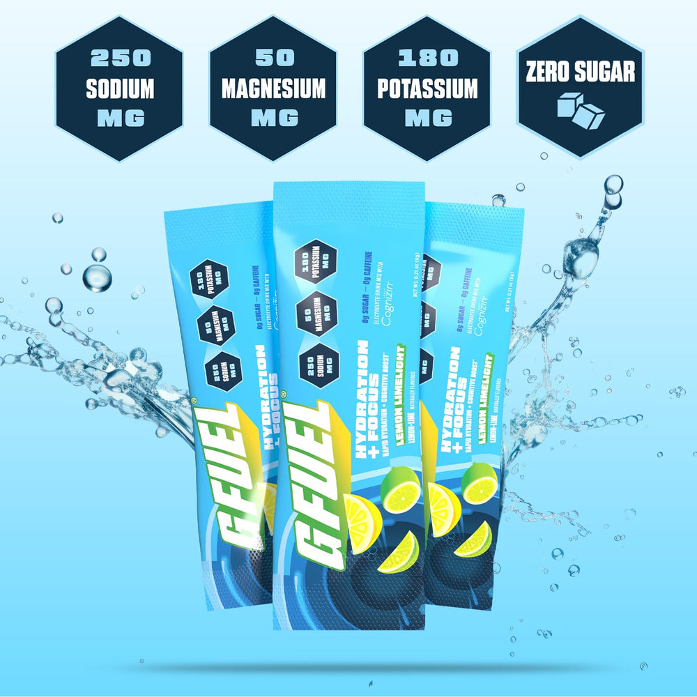 G Fuel Electrolytes packet being poured into water for quick hydration.
