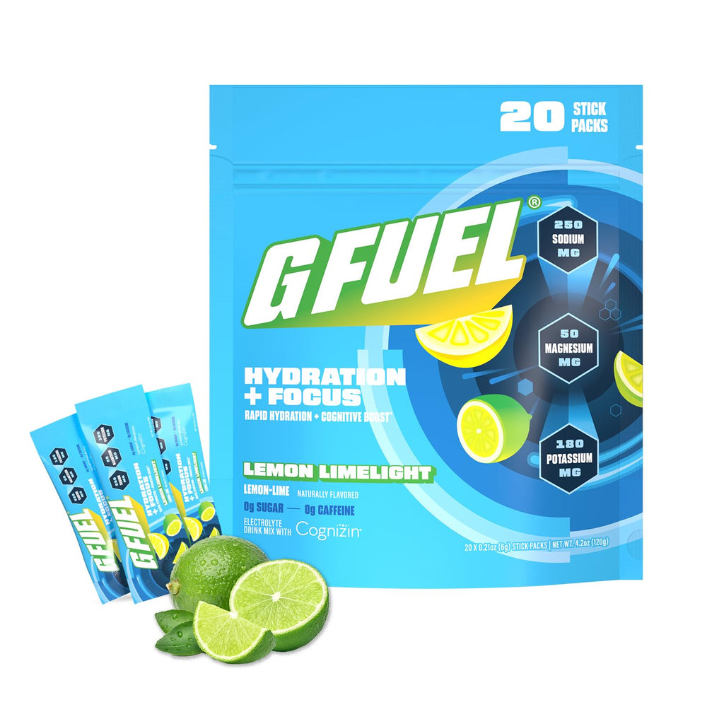 G Fuel Electrolytes lemon-lime powder in tub for hydration and focus.
