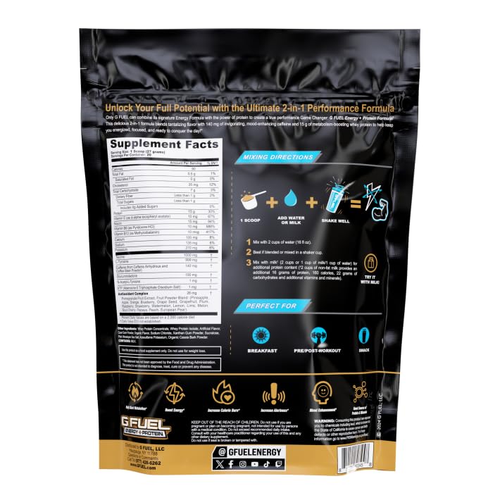G Fuel tub back view highlights vitamins and antioxidants.