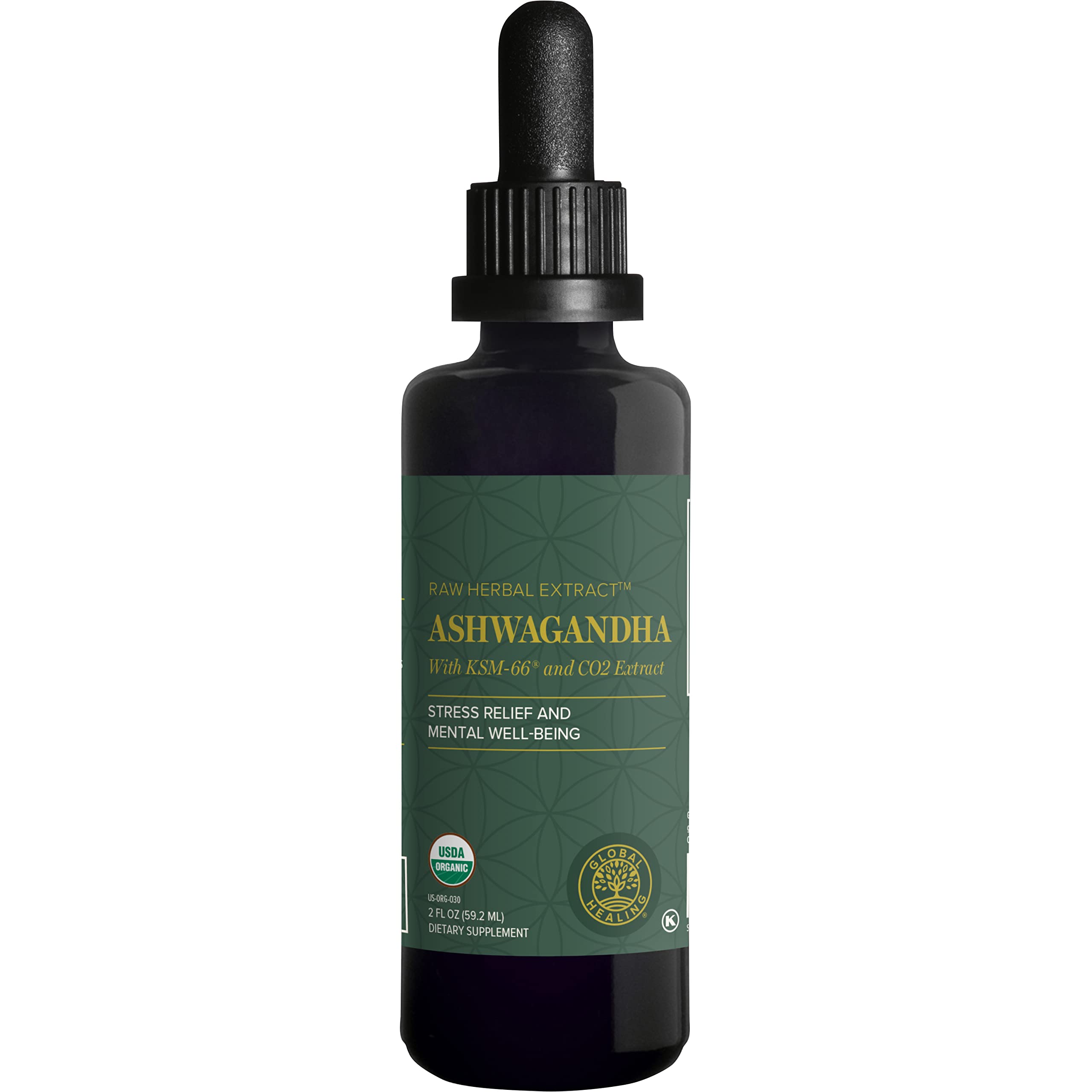 Global Healing Center Ashwagandha Drops bottle with KSM-66 label