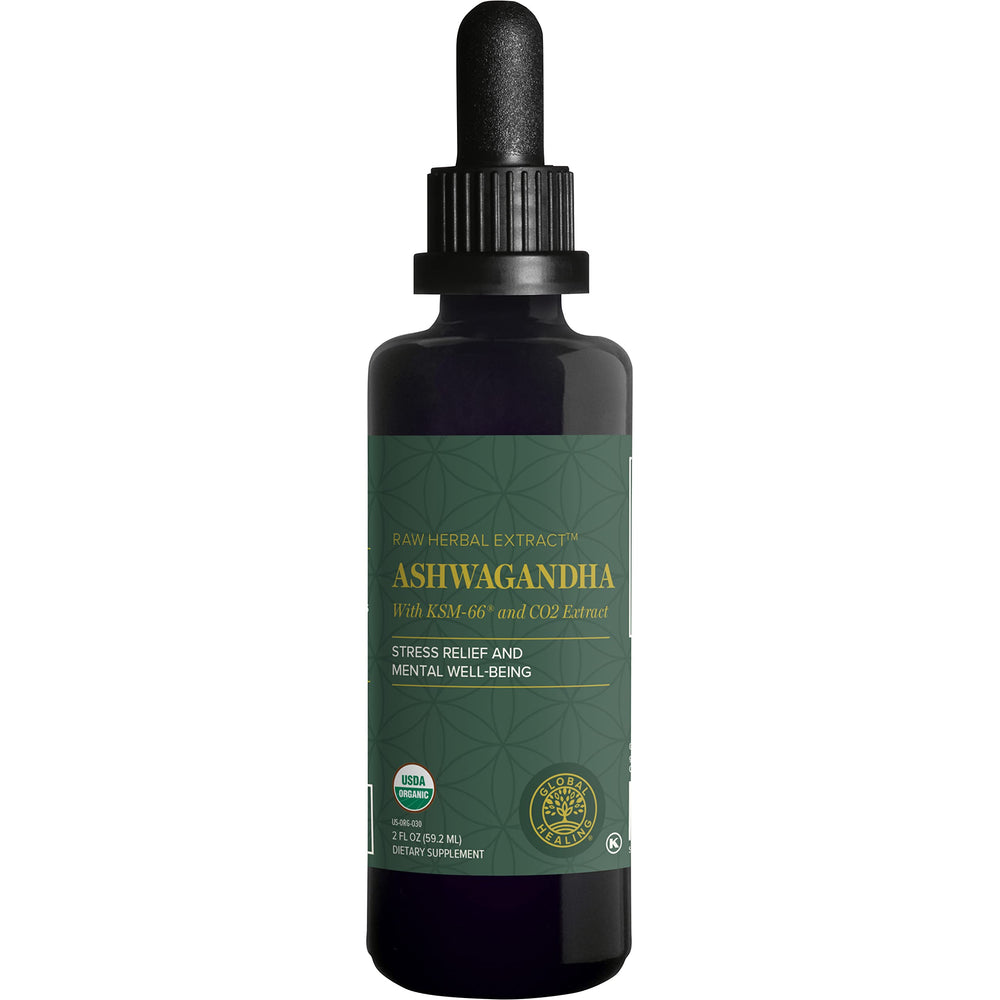 Global Healing Center Ashwagandha Drops bottle with KSM-66 label