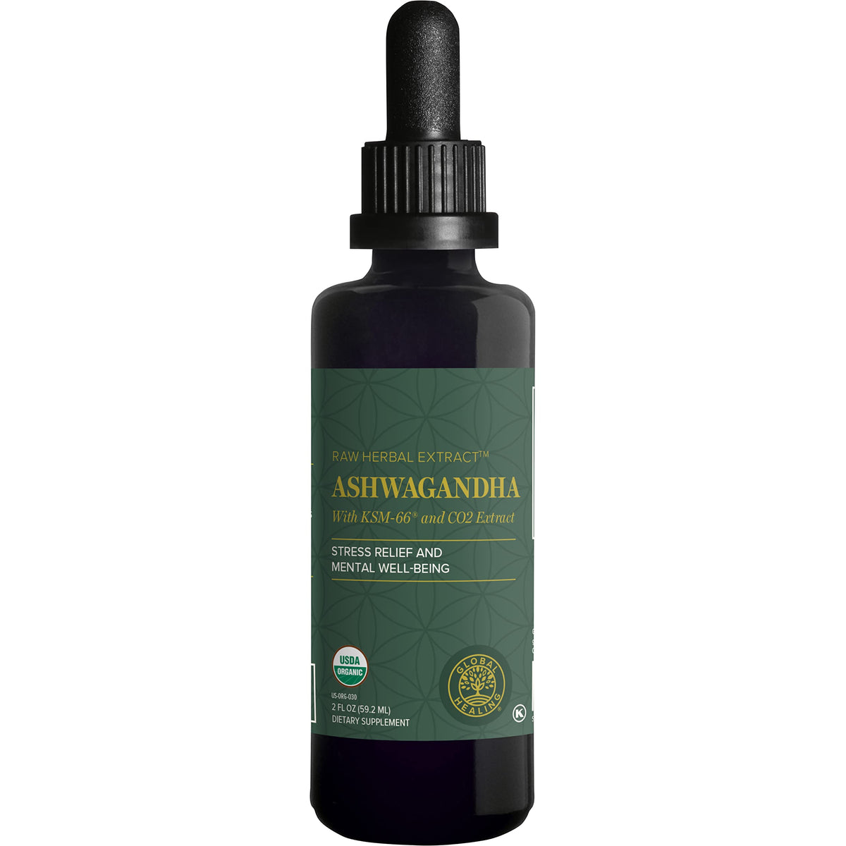 Global Healing Center Ashwagandha Drops bottle with KSM-66 label