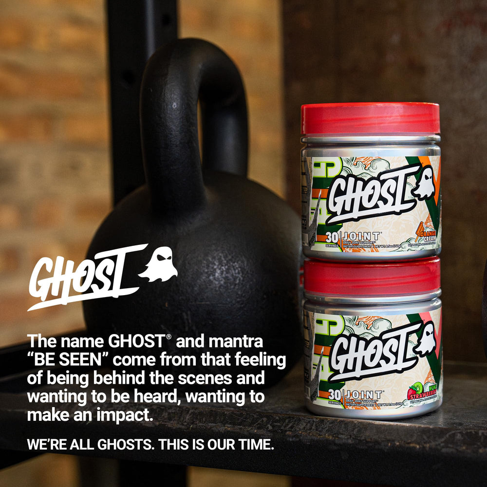 GHOST Joint powder in shaker delivers kiwi-strawberry flavor during workouts.