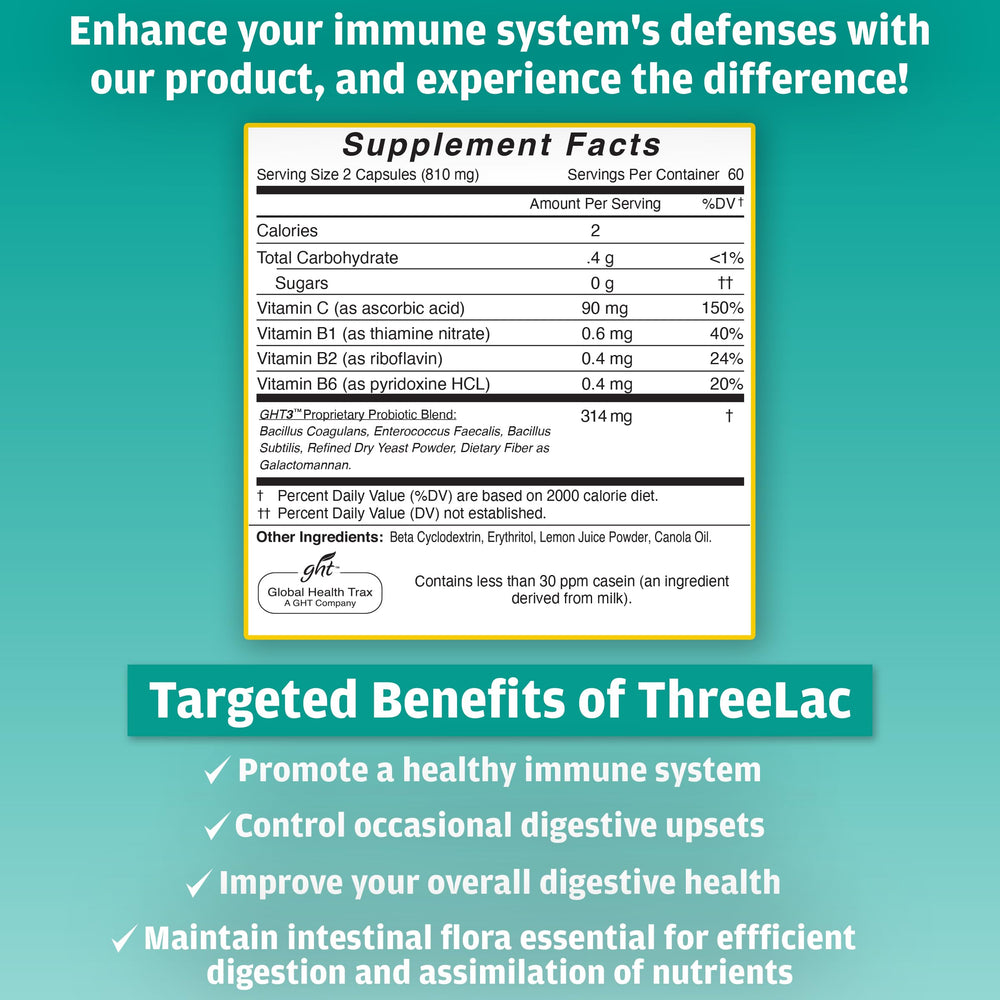 Label for Global Health Trax ThreeLac Probiotic Capsules