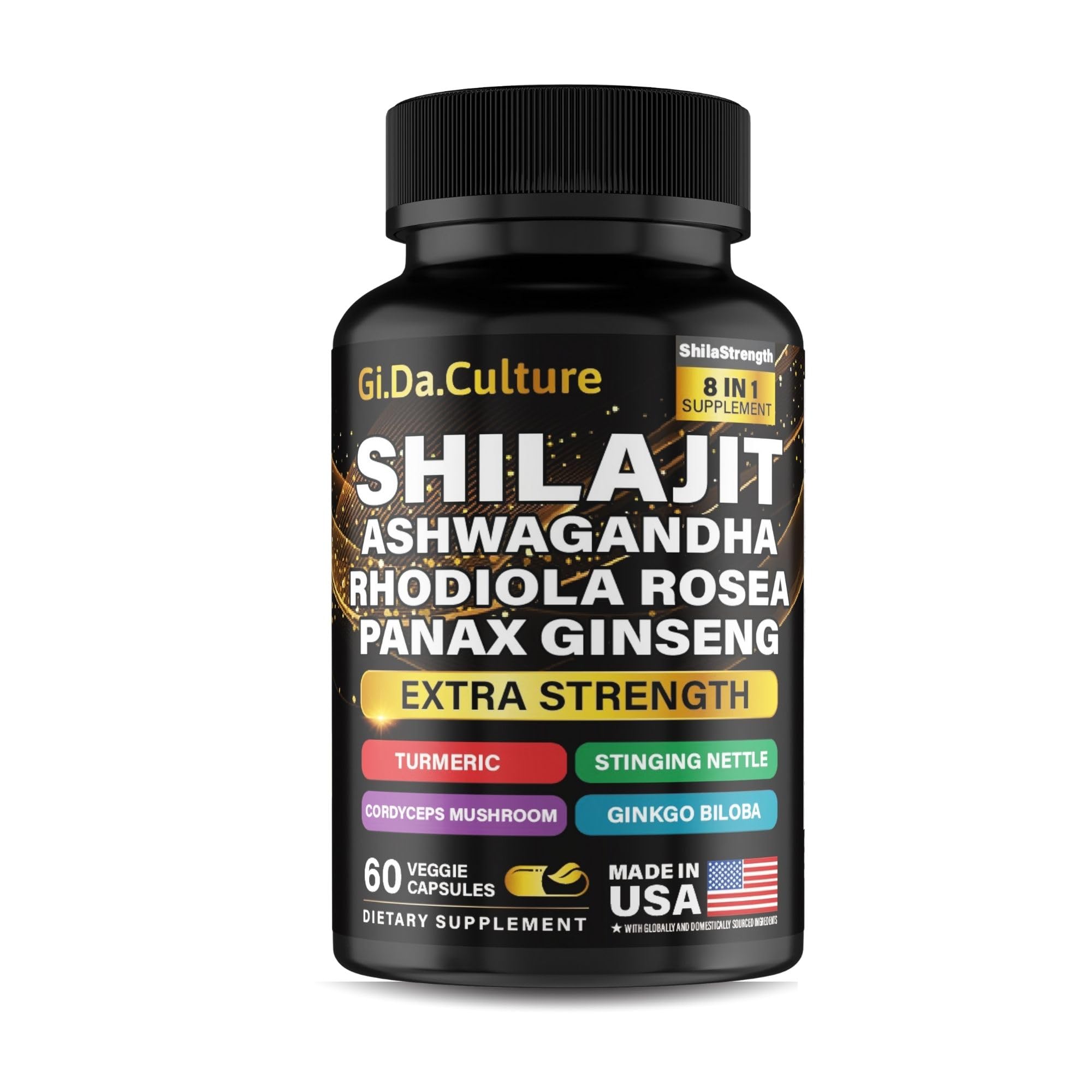 Gi.Da.Culture Shilajit Ashwagandha Rhodiola Rosea Panax Ginseng bottle - 60 veggie capsules