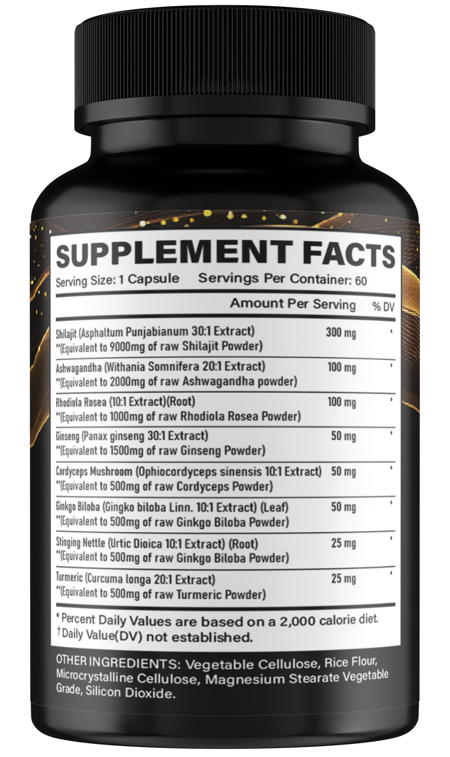 Shilajit capsules with Ashwagandha and Rhodiola ingredients